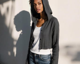 3/4 Sleeve Lightweight Short Coat, Fall Linen Cotton Hooded Cropped Jacket With Buttons