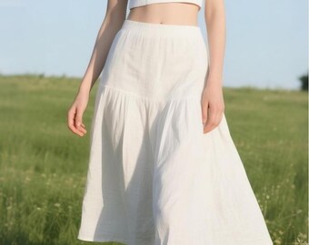 women cotton linen midi skirt summer vintage style flowy skirt elastic waist minimalist cottagecore skirt for spring summer