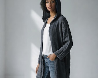 Hooded Women Cotton Linen Coat with Pockets – Open Front Longline Jacket
