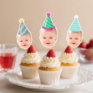 Customized Different Faces Photo Party hat cupcake topper for first milestone birthday,Personalized Different Face Photo Banner