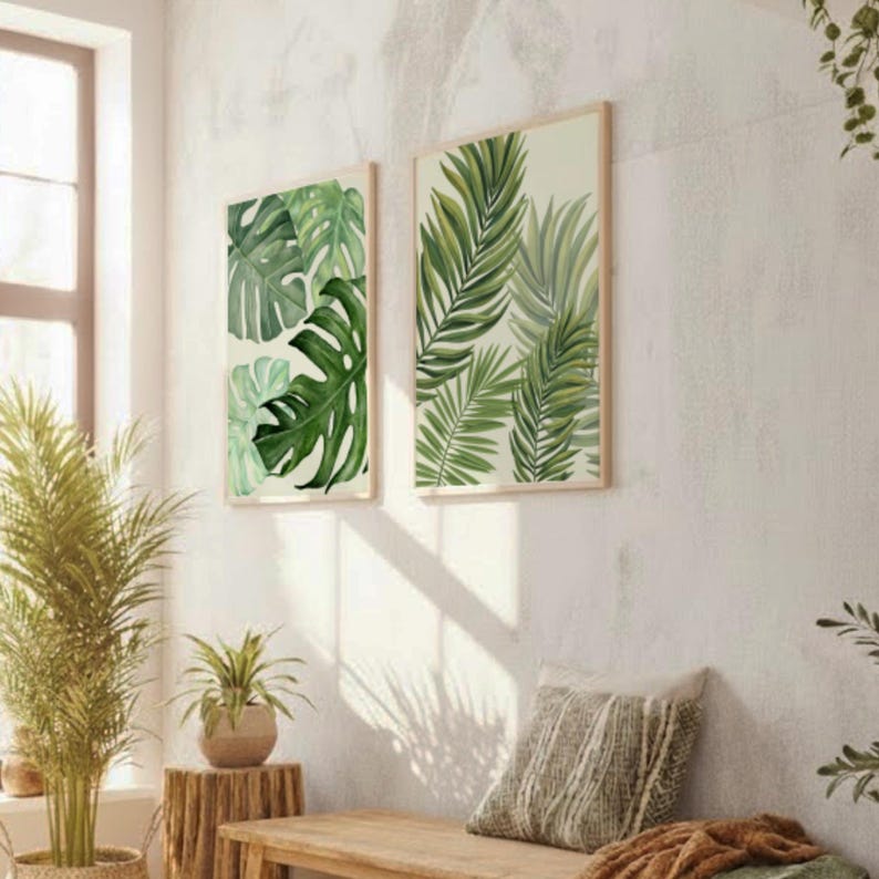 Green Tropical Leaf Prints Set of 3, Minimal Botanical Wall Art ...