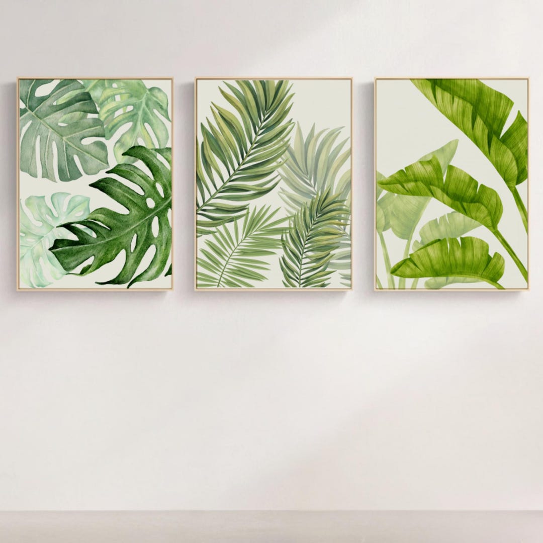 Green Tropical Leaf Prints Set of 3, Minimal Botanical Wall Art ...
