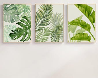 Juego de 3 impresiones de hojas tropicales verdes, arte mural botánico minimalista, decoración verde imprimible para sala de estar, descarga digital instantánea