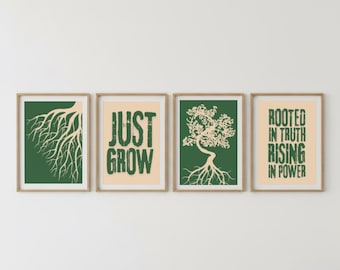 Minimalist Motivational Wall Art Set of 3, “Just Grow” Quote Print, Green Tree Illustration, Nature-Inspired Modern Decor, Digital Download