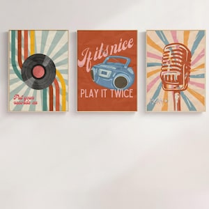 Retro Music Wall Art Set of 3, Boombox Microphone Vinyl Prints, Vintage Music Studio & Home Office Decor, Digital Download