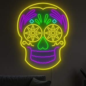 Sugar Skull Neon Sign – Día de los Muertos LED Wall Art for Mexican Restaurant, Bar or Home Decor, Colorful Skull Neon Light on Acrylic