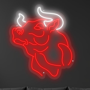 Neon sign head of an angry bull, Neon bull, Bull Head Neon, Longhorn Neon Sign, Texas LongHorn Sign, Neon Rodeo, western neon sign