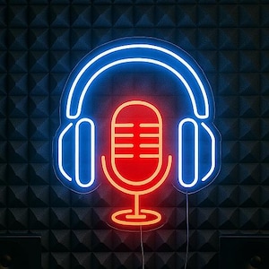 Neon Headphones and Microphone Sign | LED Studio Wall Light, Music Recording Room Decor, Podcast Neon Light, Custom Wall Art Gift