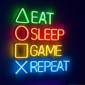 Eat Sleep Game Repeat Neon Sign – LED Gamer Wall Light, Colorful Gaming Room Decor, PS Controller-Inspired Neon Art, Perfect Gift for Gamers