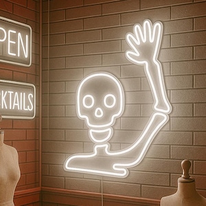 Neon Skeleton Sign – Waving Skull LED Wall Light for Halloween, Bar, Bedroom or Game Room Decor – Cool Spooky Neon Art