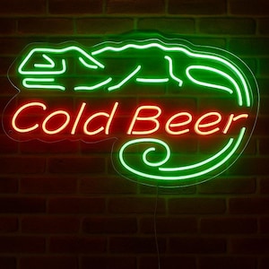 Cold Beer Neon Sign with Chameleon – Bright LED Wall Light for Bar or Lounge Decor