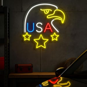USA Eagle Neon Sign – Patriotic LED Wall Light, American Flag Decor, Man Cave Neon Sign, Garage or Office Wall Art