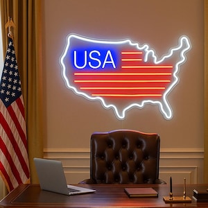 Letrero de neón con el mapa de EE. UU.: decoración de pared LED patriótica en rojo, blanco y azul. Luz con el contorno de Estados Unidos para garaje, oficina o cueva masculina.