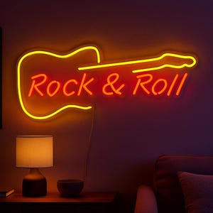 Rock & Roll Neon Sign – LED Guitar Wall Light for Music Room, Studio or Bar – Bright Neon Music Decor with Acrylic Backing