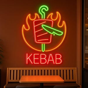 Neon sign for doner kebab, branded LED neon lighting for shawarma, grill bar, barbecue, bar, kebab, restaurant, wall decor, kebab bistro