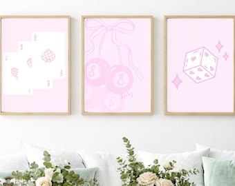 Retro Pink Wall Art Set of 3 | Digital Download Prints | 8 Ball Cherries, Playing Cards, Dice with Hearts | Aesthetic Printable Room Decor
