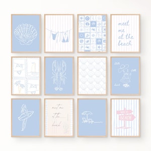 Set of 12 Beach Prints | Digital Coastal Wall Art Download | Blue Preppy Summer Aesthetic | Boho Ocean Style | Printable Gallery Decor