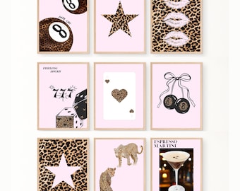 Set of 9 Leopard Wall Art Prints | Coquette Aesthetic Room Decor | Y2K Digital Posters | Girly Gallery Wall | Pink Instant Download