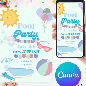 Editable Pool Party Invitation - Summer Birthday Invite Template - Instant Download - Kids Swim Party - Canva Editable