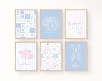 Set of 6 Summer Beach Prints | Pastel Coastal Wall Art | Blue Seashell & Lobster Decor | Digital Download Gallery Set | Printable Ocean Art