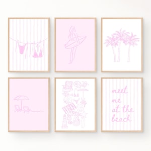 Summer Beach Wall Art Set of 6 | Minimalist Line Art Prints | Pink Wall Art | Coastal Gallery Wall | Digital Download