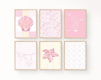 Set of 6 Summer Beach Prints | Pink Coastal Wall Art | Boho Aesthetic Gallery Set | Pastel Printable Decor | Digital Download Art