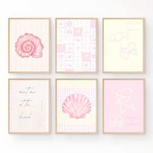 Set of 6 Preppy Pink Beach Prints | Pastel Coastal Gallery Wall Art for Bedroom, Dorm | Boho, Summer Printable Decor | Digital Download