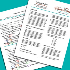 Pode incluir: Um close-up de um calculador de metragem imprim&iacute;vel para projetos de patchwork. O documento &eacute; dividido em tr&ecirc;s se&ccedil;&otilde;es: Folha de tecido, Folha de resumo e Lista de compras. O documento inclui instru&ccedil;&otilde;es para calcular a metragem e cortar as pe&ccedil;as de tecido.