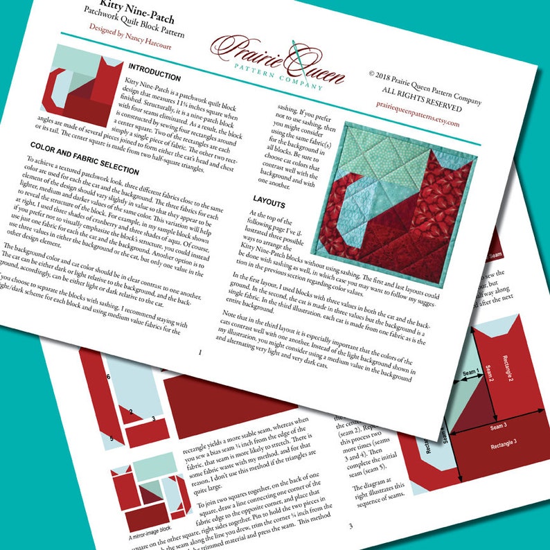 Pode incluir: Um close-up de um padr&atilde;o de costura para um bloco de quilt com um design de gato. O padr&atilde;o &eacute; intitulado "Kitty Nine-Patch" e foi desenhado por Nancy Harcoust. O padr&atilde;o inclui instru&ccedil;&otilde;es para criar o bloco de quilt, bem como dicas para escolher tecidos e cores.