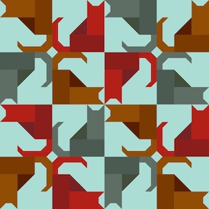 Pode incluir: Um padr&atilde;o repetido de gatos vermelhos, marrons e cinzentos em um design geom&eacute;trico. Os gatos est&atilde;o dispostos em um padr&atilde;o de grade em um fundo azul claro.