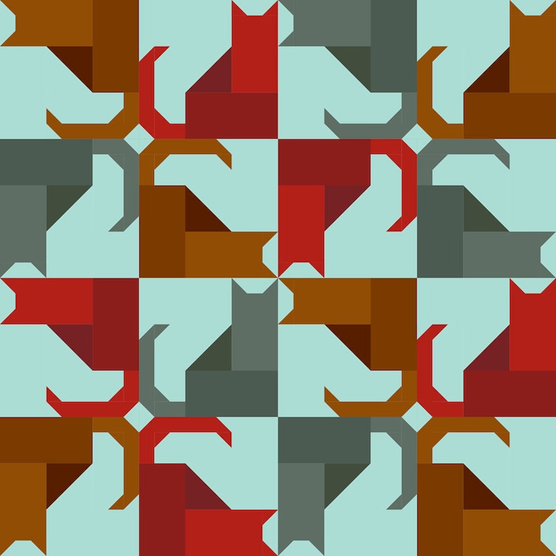 Pode incluir: Um padr&atilde;o repetido de gatos vermelhos, marrons e cinzentos em um design geom&eacute;trico. Os gatos est&atilde;o dispostos em um padr&atilde;o de grade em um fundo azul claro.