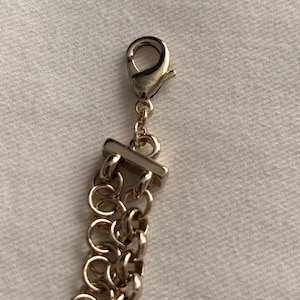 May include: A gold-toned metal chain bracelet featuring a multi-strand design composed of interlocking circular links. The bracelet is secured with a polished lobster claw clasp attached to a rectangular metal bar connector at the end of the chain.