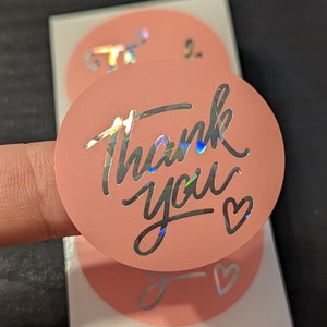 Pack of Simple 1.5 inch Pink and Holographic Silver Foil Thank You Stickers - Choose Your Amount