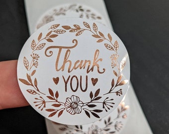 Pack of Gorgeous 1.5 inch White and Rose Gold Foil Thank You Stickers