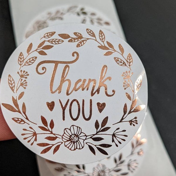 Pack of Gorgeous 1.5 inch White and Rose Gold Foil Thank You Stickers - Choose Your Amount