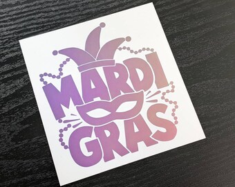 Mardi Gras Mask and Beads Permanent Vinyl Decal in Alluring Holographic or White ~ Black