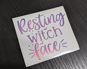 Resting Witch Face Permanent Vinyl Decal Sticker in Gorgeous Holographic or White ~ Black