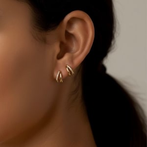 Double Hoop Huggie Earrings in Gold – CZ Diamond Hoops, Waterproof Non Tarnish Jewelry