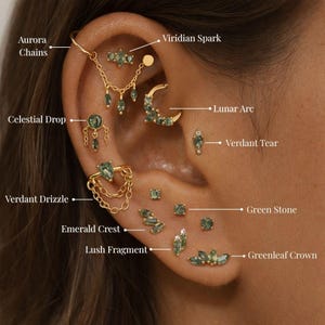 Grüne Earstack Kollektion: Gold Knorpel & Lobe Piercings, 925 Sterling Silber, Moosachat Stein