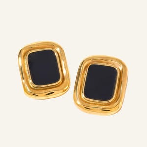 Chunky Rectangle Earrings: 18K Gold Black Resin Studs