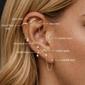 Golden Earstack Collection: Gold Cartilage & Lobe Piercings, 925 Sterling Silver