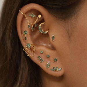 Collezione Green Earstack: piercing per cartilagine e lobo in oro, argento sterling 925, pietra di agata muschiata