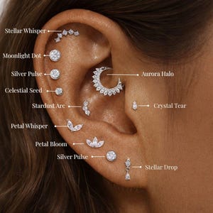 Piercings de oreja seleccionados: plata de ley 925, piedras de moissanita, cartílago y lóbulo