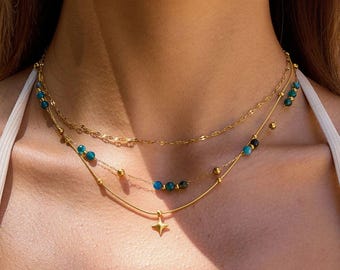Collar de varias capas, cadena chapada en oro de 18 quilates resistente al agua, joyería con cuentas azules