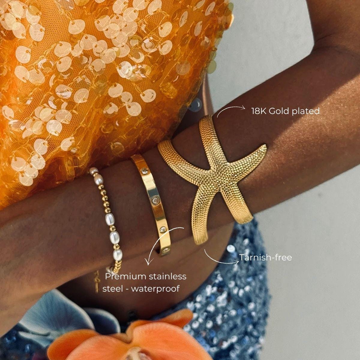 Gold Starfish Cuff Bracelet – Waterproof, Tarnish-free  display picture 2