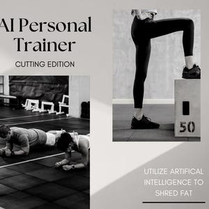 Könnte beinhalten: Schwarz-Weiß-Bild, das einen KI-Personal Trainer bewirbt. Das Bild zeigt Menschen beim Training, darunter eine Person, die auf eine Box mit der Nummer 50 steigt. Der Text enthält "AI Personal Trainer Cutting Edition" und "Nutzen Sie künstliche Intelligenz, um Fett abzubauen."