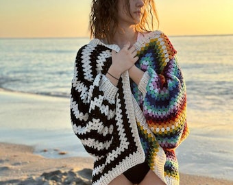 Handgemachte häkeln Patchwork Cardigan: Bunte Grandma Square Boho zweifarbige Festival Jacke