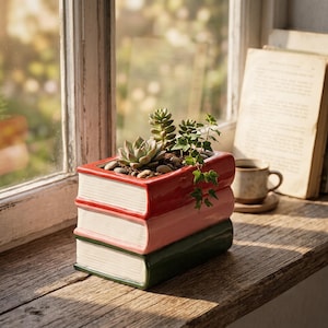 Könnte beinhalten: Ein Keramik-Pflanzgefäß in Form eines Stapels aus drei Büchern in Rot, Rosa und Dunkelgrün mit weißen Buchseiten. Das oberste Buch hat eine rechteckige Öffnung, die mit Erde, kleinen grauen Kieselsteinen, einer Sukkulente und Efeu bepflanzt ist.