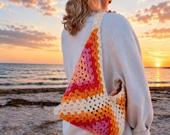 Borsa tote all'uncinetto, borsa quadrata Sunset Grandma, borsetta all'uncinetto fatta a mano, borsa a tracolla boho, borsa da spiaggia, borsa cottagecore, regalo per lei