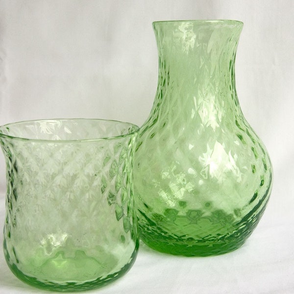 Vintage Bedside Carafe and Glass/Tumbler Green Depression Glass